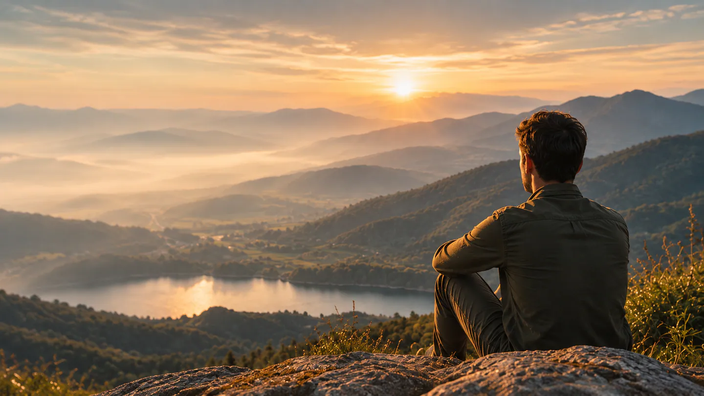 Un homme assis de dos contemple un paysage de montagnes au coucher du soleil