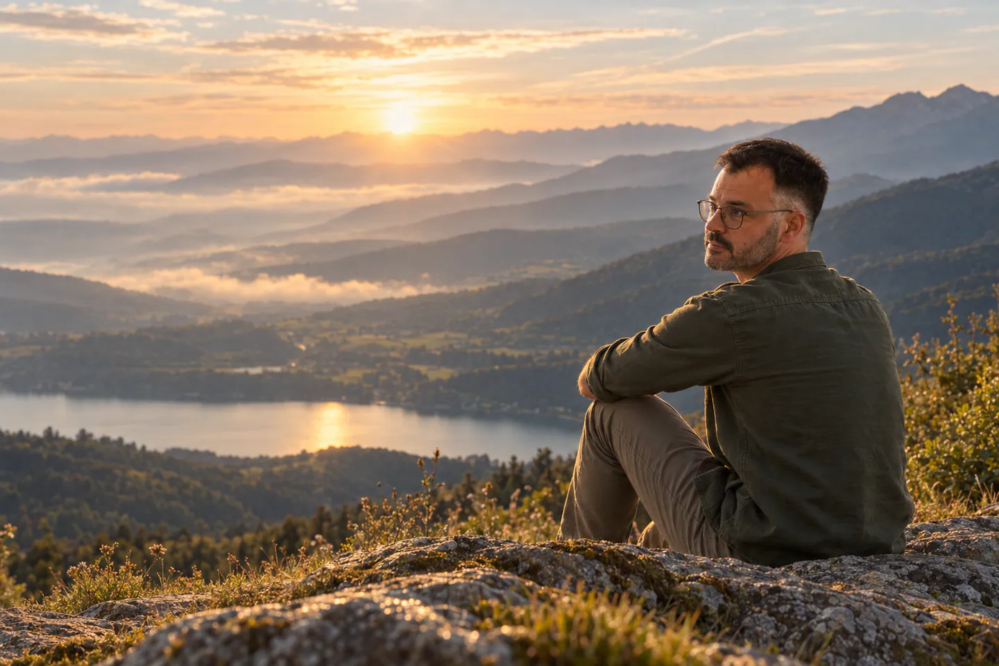 Thibault Péclet assis face à un paysage de montagnes et à un lac au lever du soleil