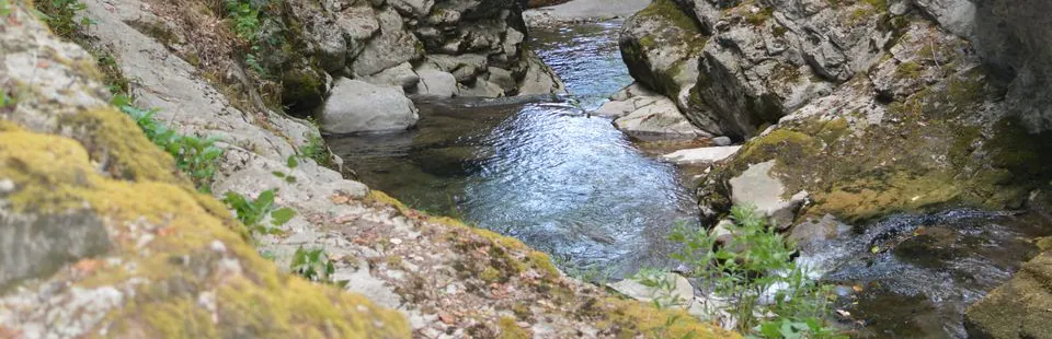 L’eau claire d’une rivière entre les rochers.